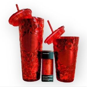Starbucks Holiday 2023 Red Prism Tumbler Trio Venti Grande Cup Keychain Set